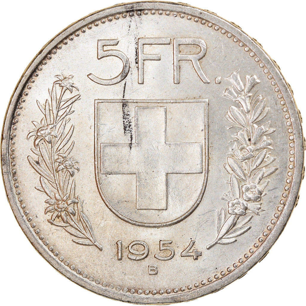 Coin, Switzerland, 5 Francs, 1954, Bern, AU(50-53), Silver, KM:40