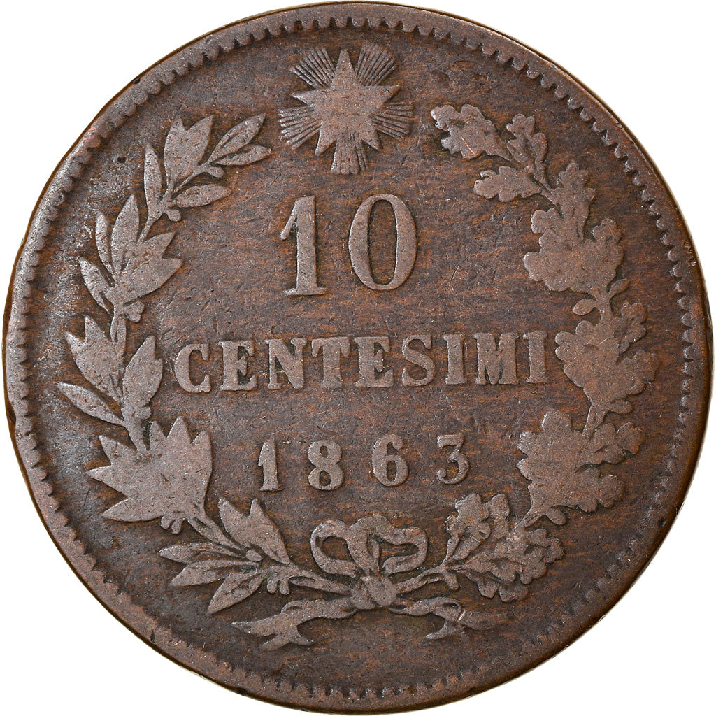 Coin, Italy, Vittorio Emanuele II, 10 Centesimi, 1863, Milan, VF(20-25), Copper