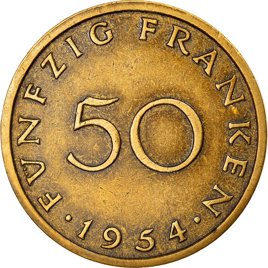 Moeda, SARRE, 50 Franken, 1954, Paris, AU(50-53), Alumínio-Bronze, KM:3