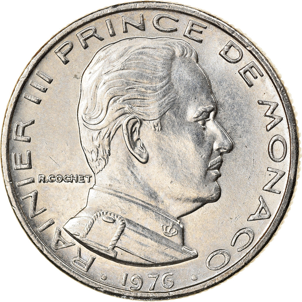 Coin, Monaco, Rainier III, 1/2 Franc, 1976, AU(50-53), Nickel, KM:145