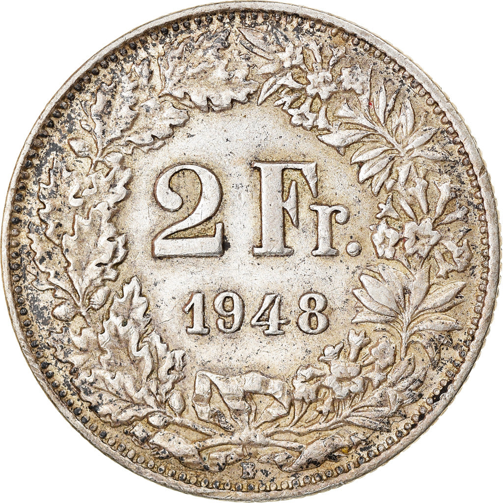 Coin, Switzerland, 2 Francs, 1948, Bern, EF(40-45), Silver, KM:21