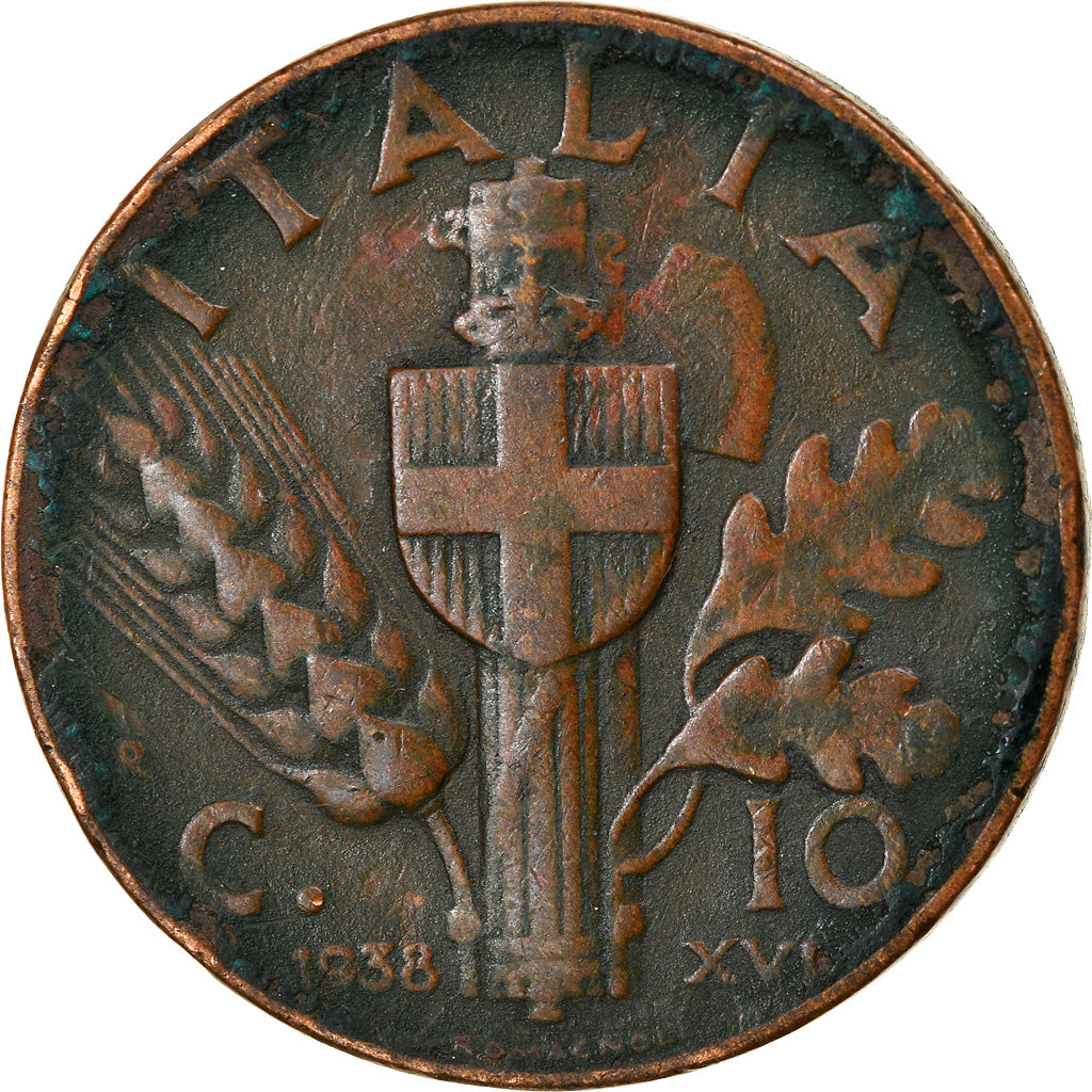 Moneta, Italia, Vittorio Emanuele III, 10 Centesimi, 1938, Rome, MB+, Rame