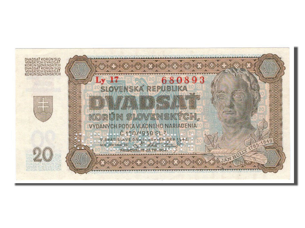 Slovakia, 20 Korun, 1942, KM #7s, UNC(65-70), Ly17