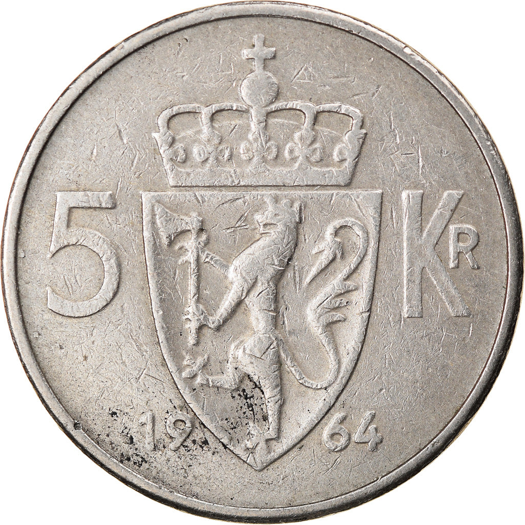 Moneta, Norvegia, Olav V, 5 Kroner, 1964, MB+, Rame-nichel, KM:412