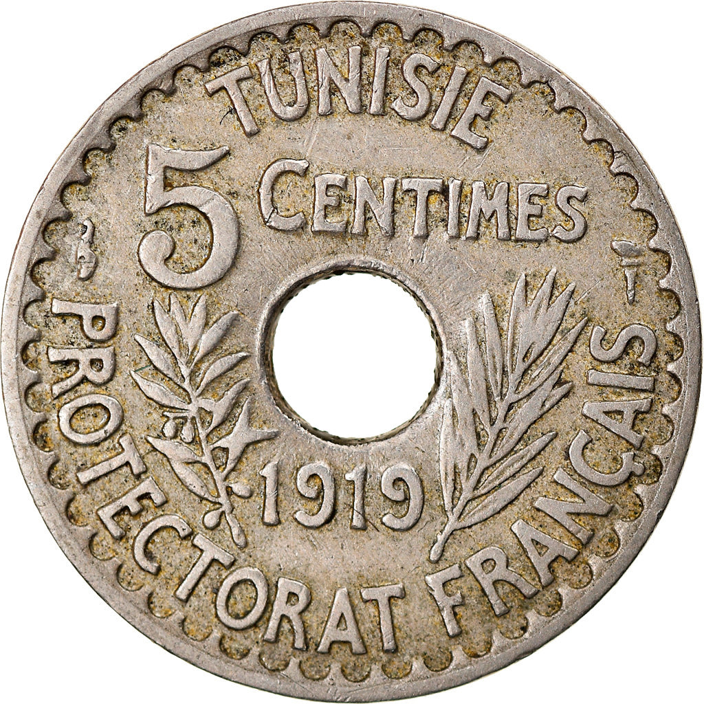 Coin, Tunisia, Muhammad al-Nasir Bey, 5 Centimes, 1919, Paris, EF(40-45)
