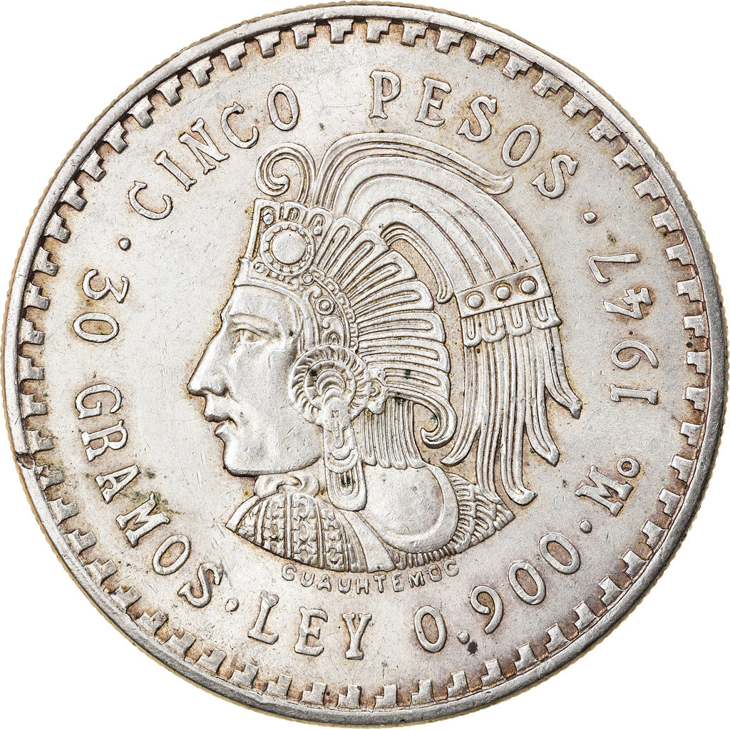 Moneda, México, 5 Pesos, 1947, Mexico City, MBC+, Plata, KM:465