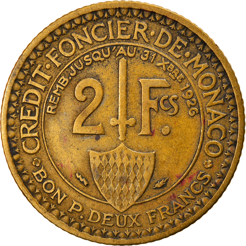 Coin, Monaco, Louis II, 2 Francs, 1924, Poissy, VF(30-35), Aluminum-Bronze