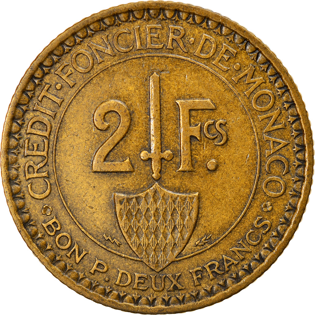 Coin, Monaco, Louis II, 2 Francs, 1926, Poissy, EF(40-45), Aluminum-Bronze