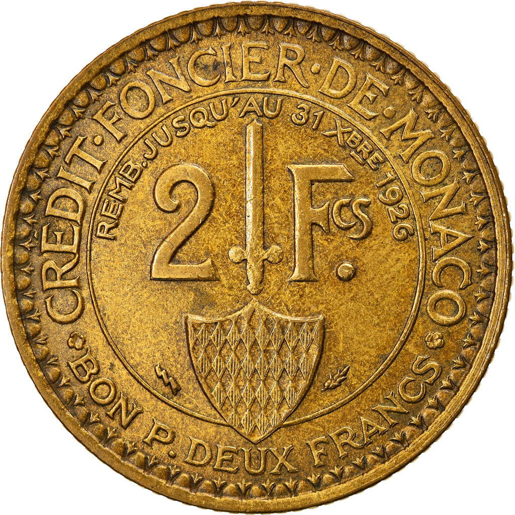Coin, Monaco, Louis II, 2 Francs, 1924, Poissy, EF(40-45), Aluminum-Bronze