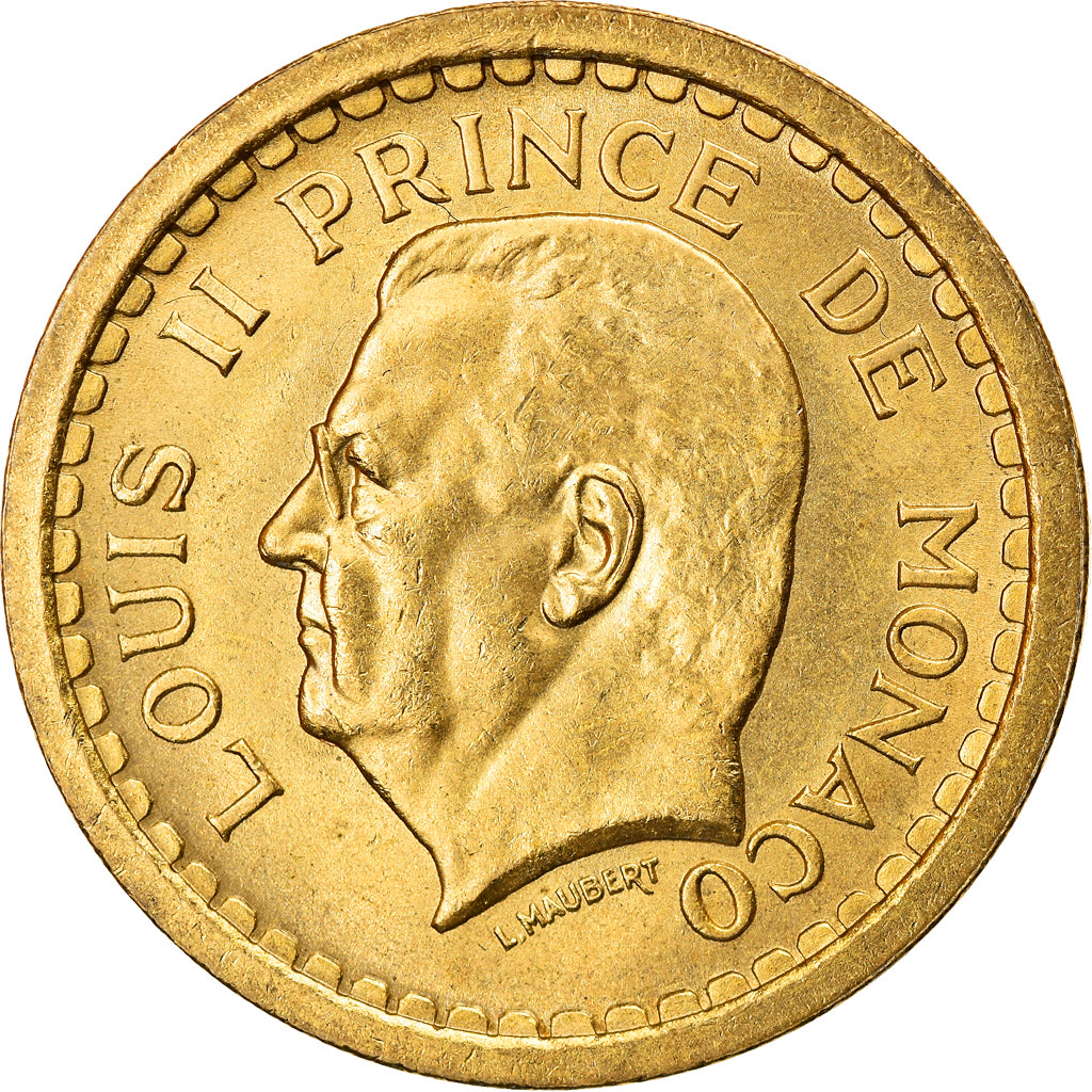 Coin, Monaco, Louis II, 2 Francs, undated (1945), AU(55-58), Aluminum-Bronze