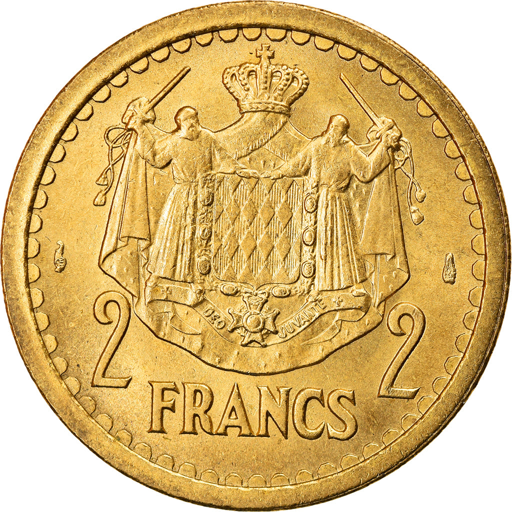 Coin, Monaco, Louis II, 2 Francs, undated (1945), AU(55-58), Aluminum-Bronze