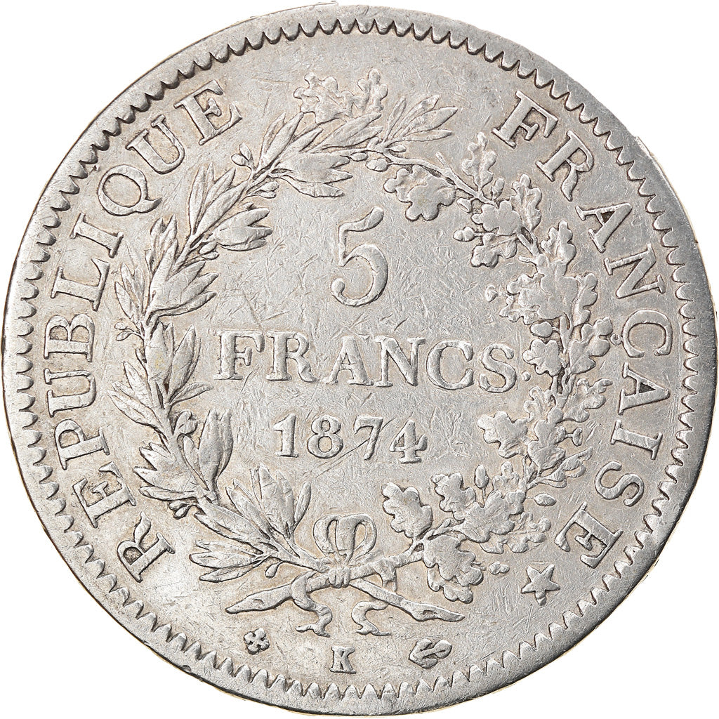 Coin, France, Hercule, 5 Francs, 1874, Bordeaux, VF(20-25), Silver, KM:820.2