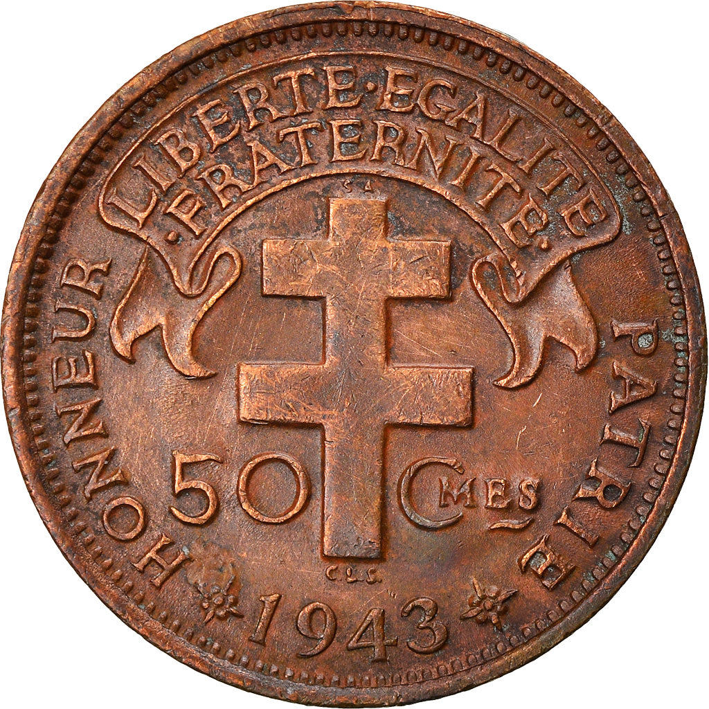 Coin, French Equatorial Africa, 50 Centimes, 1943, Pretoria, AU(55-58), Bronze