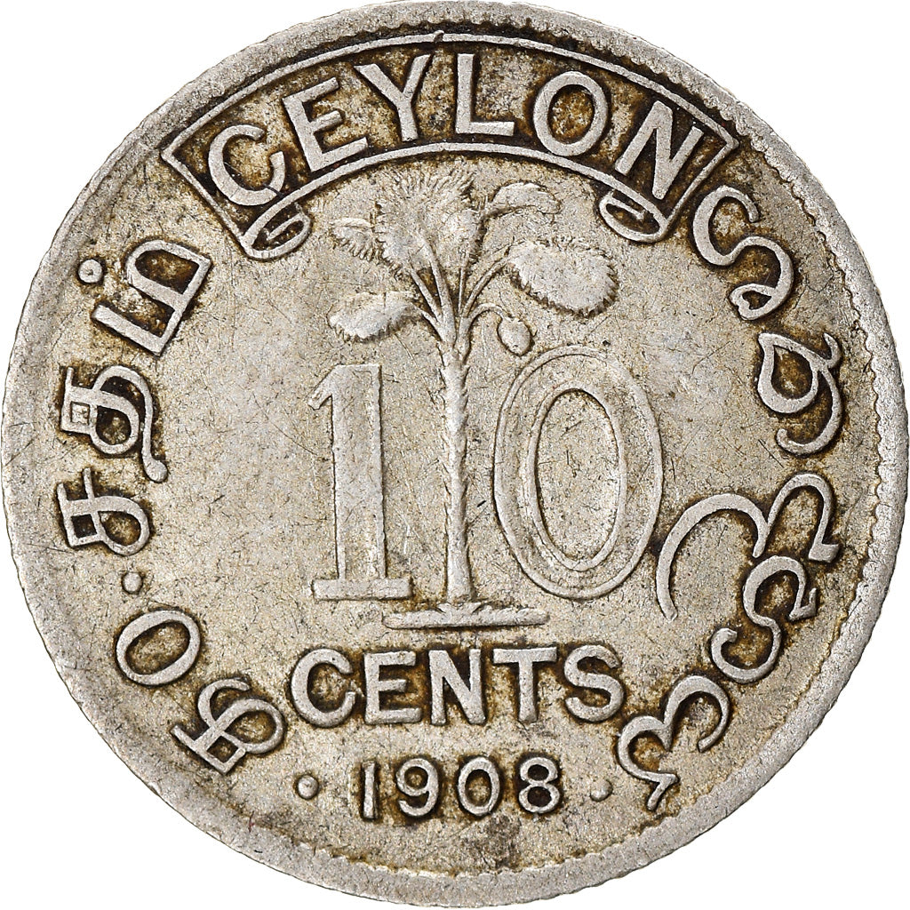 Coin, Ceylon, Edward VII, 10 Cents, 1908, VF(30-35), Silver, KM:97