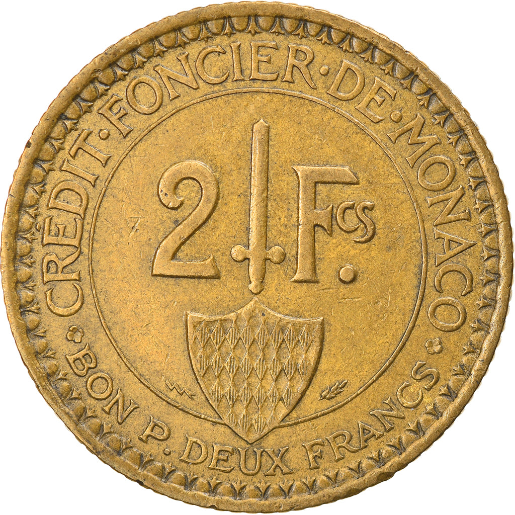 Coin, Monaco, Louis II, 2 Francs, 1926, Poissy, VF(30-35), Aluminum-Bronze