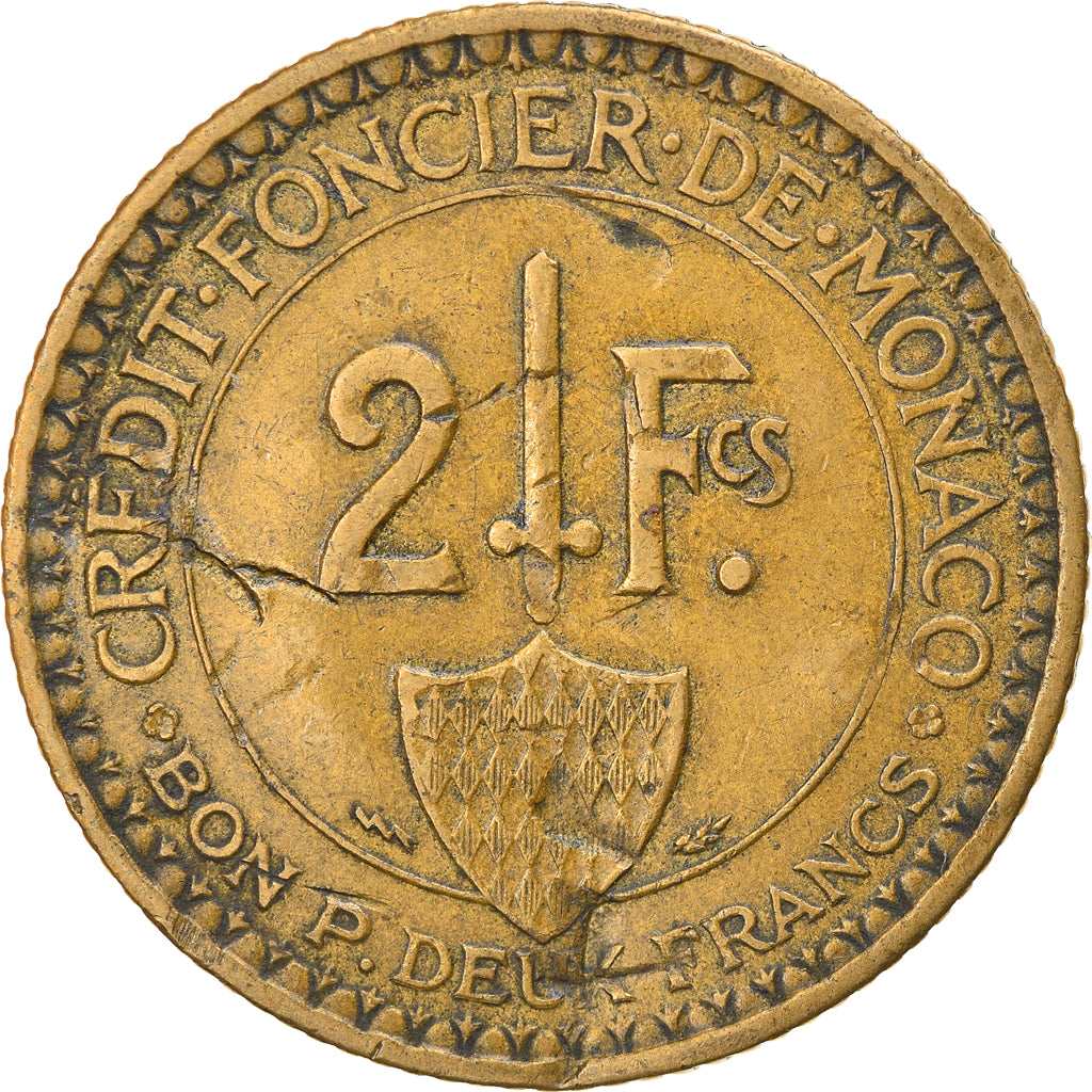 Coin, Monaco, Louis II, 2 Francs, 1926, Poissy, VF(20-25), Aluminum-Bronze