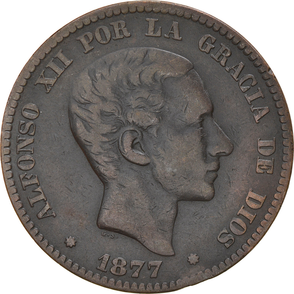 Coin, Spain, Alfonso XII, 10 Centimos, 1877, EF(40-45), Bronze, KM:675
