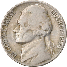 Coin, United States, Jefferson Nickel, 5 Cents, 1954, U.S. Mint, Denver