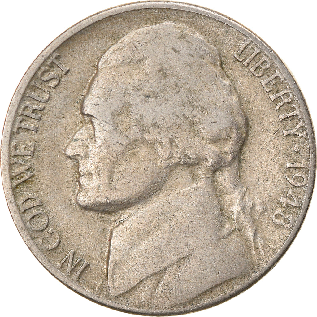 Coin, United States, Jefferson Nickel, 5 Cents, 1948, U.S. Mint, Denver