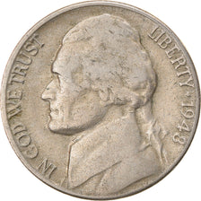 Coin, United States, Jefferson Nickel, 5 Cents, 1948, U.S. Mint, Denver
