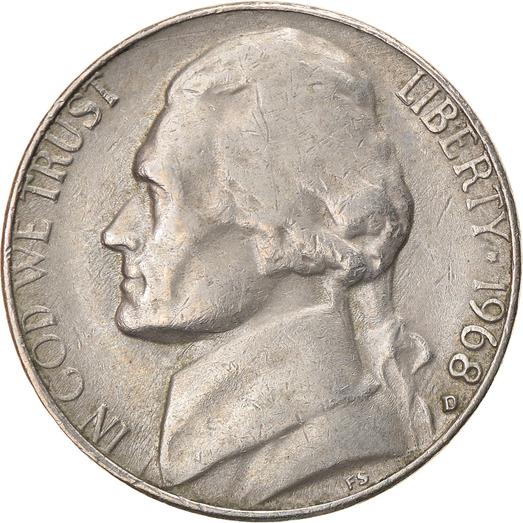 Coin, United States, Jefferson Nickel, 5 Cents, 1968, U.S. Mint, Denver