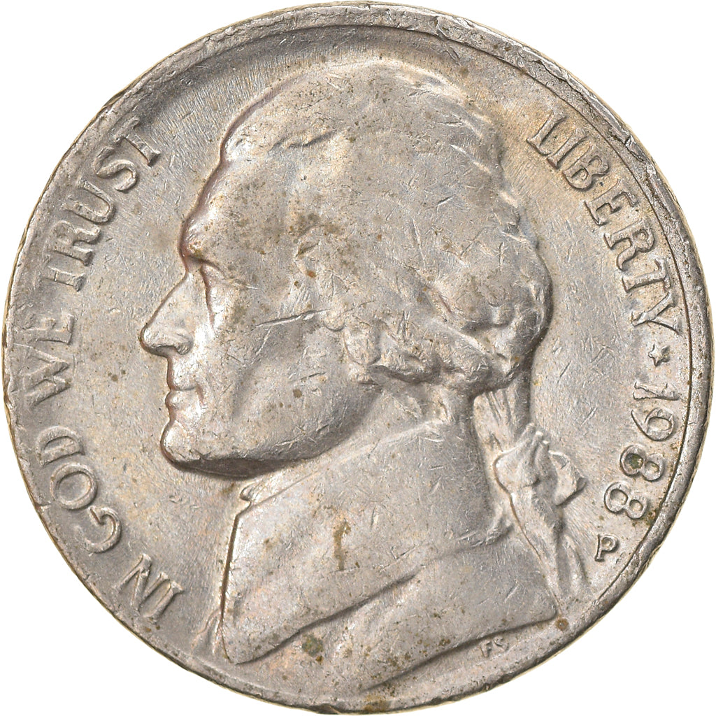 Coin, United States, Jefferson Nickel, 5 Cents, 1988, U.S. Mint, Philadelphia