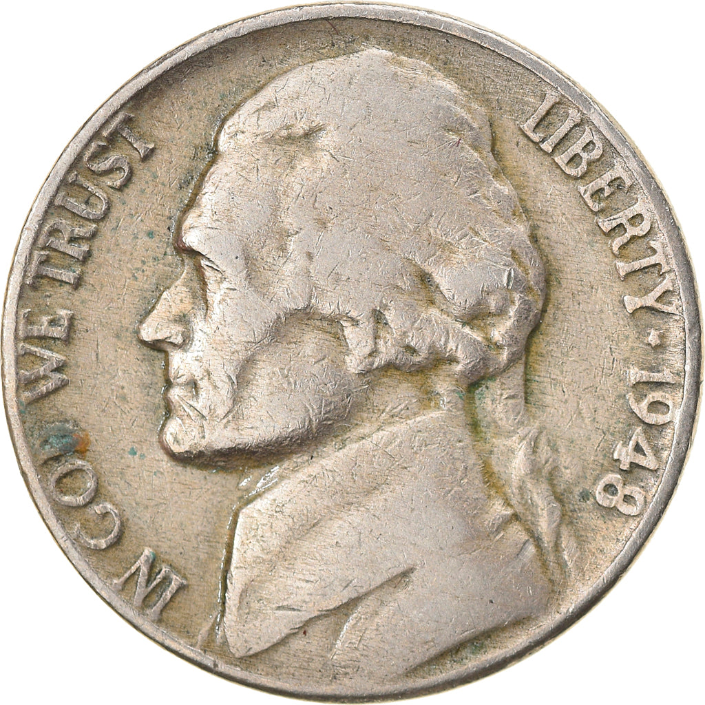 Coin, United States, Jefferson Nickel, 5 Cents, 1948, U.S. Mint, Philadelphia