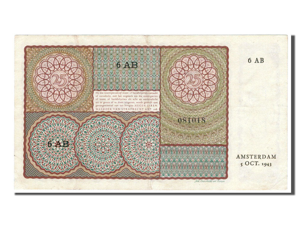 Banconote, Paesi Bassi, 25 Gulden, 1943, BB+