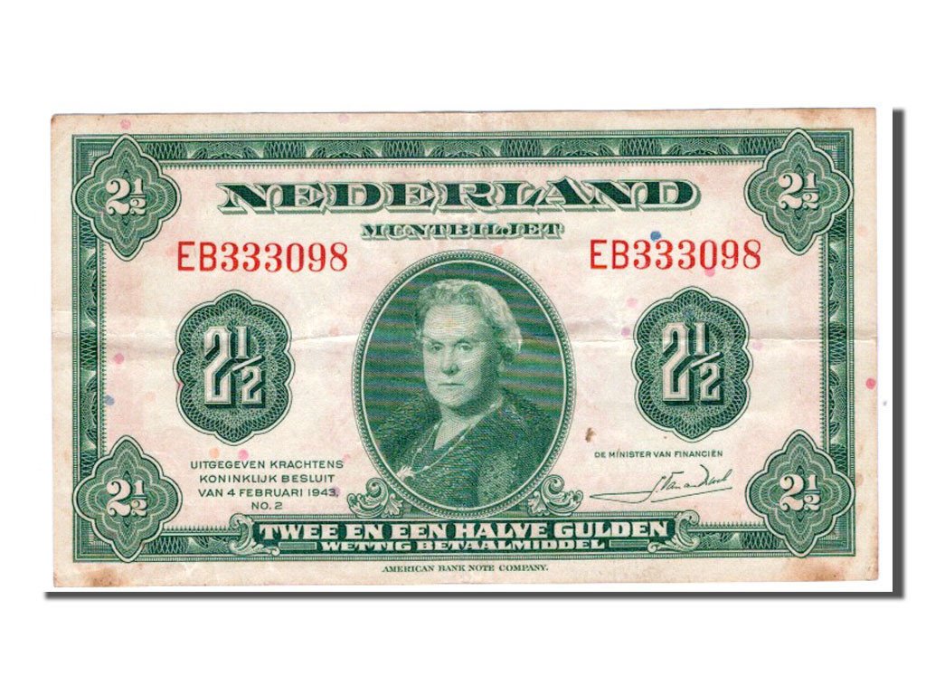 Netherlands, 2 1/2 Gulden, 1943, KM #65a, EF(40-45), EB