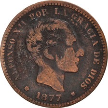 Moneda, España, Alfonso XII, 5 Centimos, 1877, Madrid, BC+, Bronce, KM:674