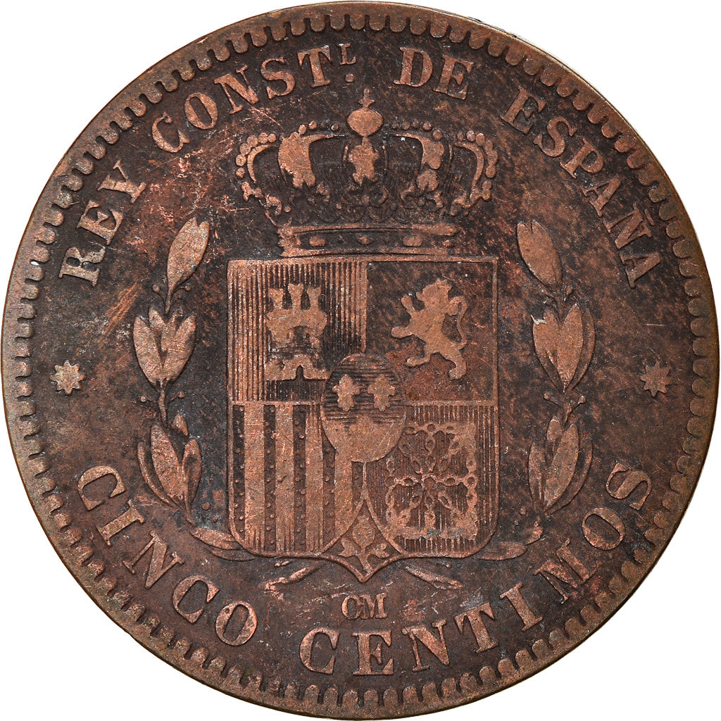 Moneda, España, Alfonso XII, 5 Centimos, 1877, Madrid, BC+, Bronce, KM:674