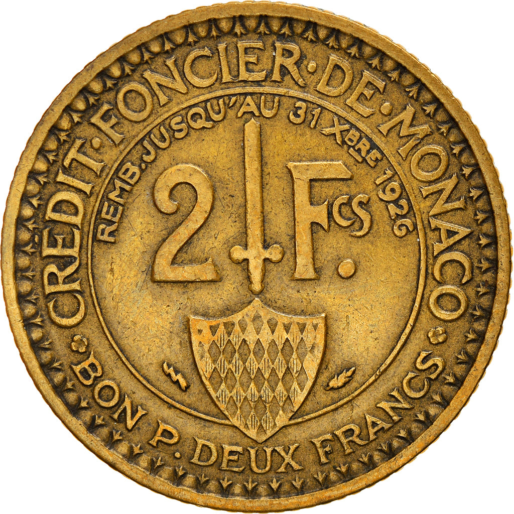 Coin, Monaco, Louis II, 2 Francs, 1924, Poissy, EF(40-45), Aluminum-Bronze