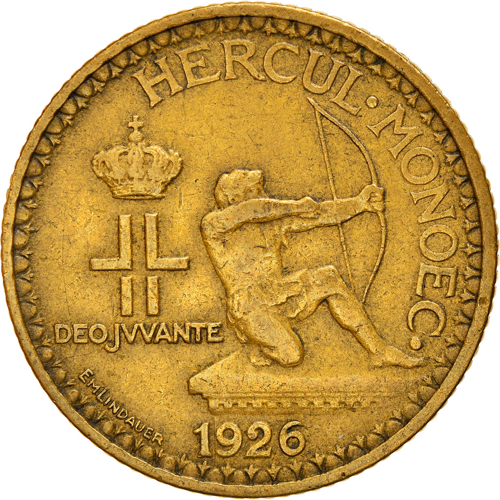 Coin, Monaco, Louis II, 2 Francs, 1926, Poissy, EF(40-45), Aluminum-Bronze
