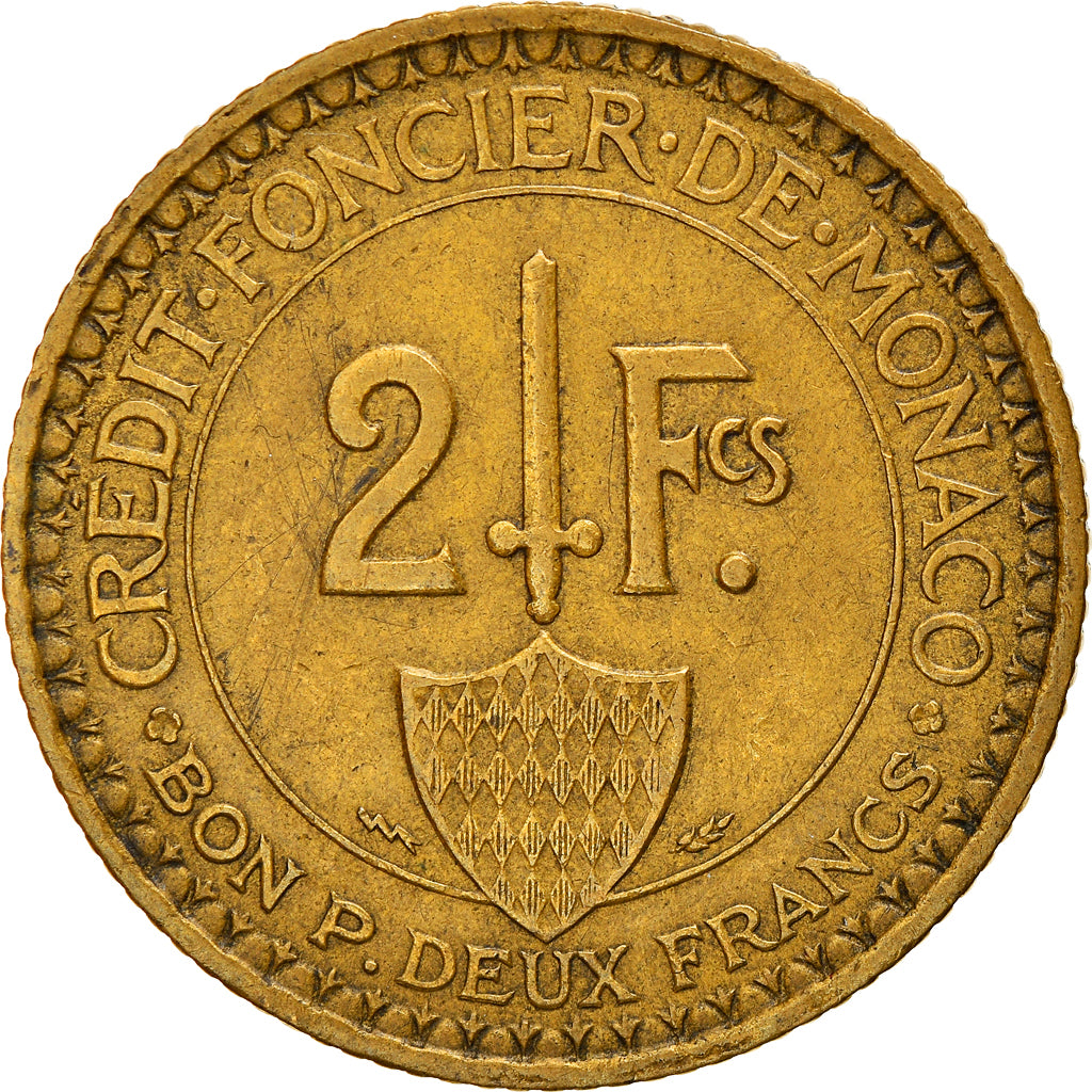 Coin, Monaco, Louis II, 2 Francs, 1926, Poissy, EF(40-45), Aluminum-Bronze