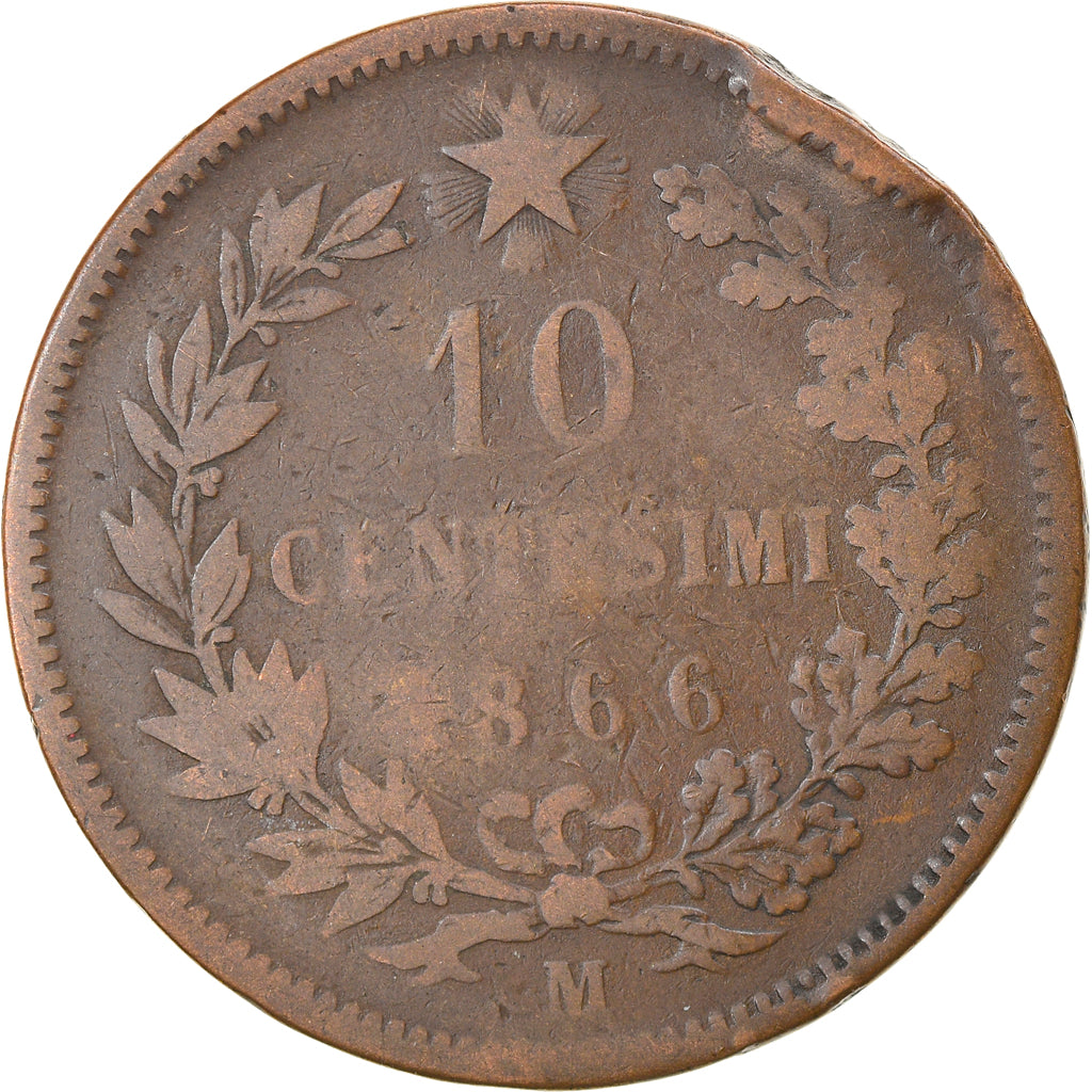 Moneta, Włochy, Vittorio Emanuele II, 10 Centesimi, 1866, Milan, VF(20-25)