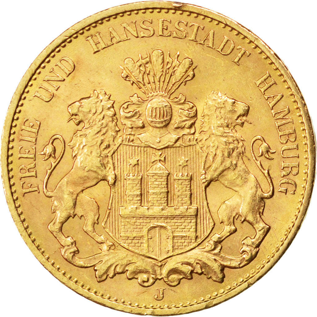 German States, 20 Mark, 1913, Hambourg, KM #618, AU(55-58), Gold, 7.98