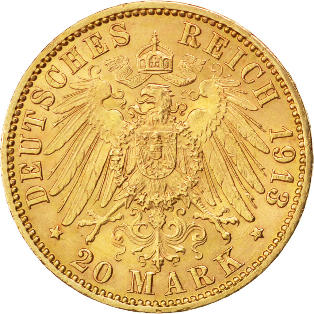 German States, 20 Mark, 1913, Hambourg, KM #618, AU(55-58), Gold, 7.98