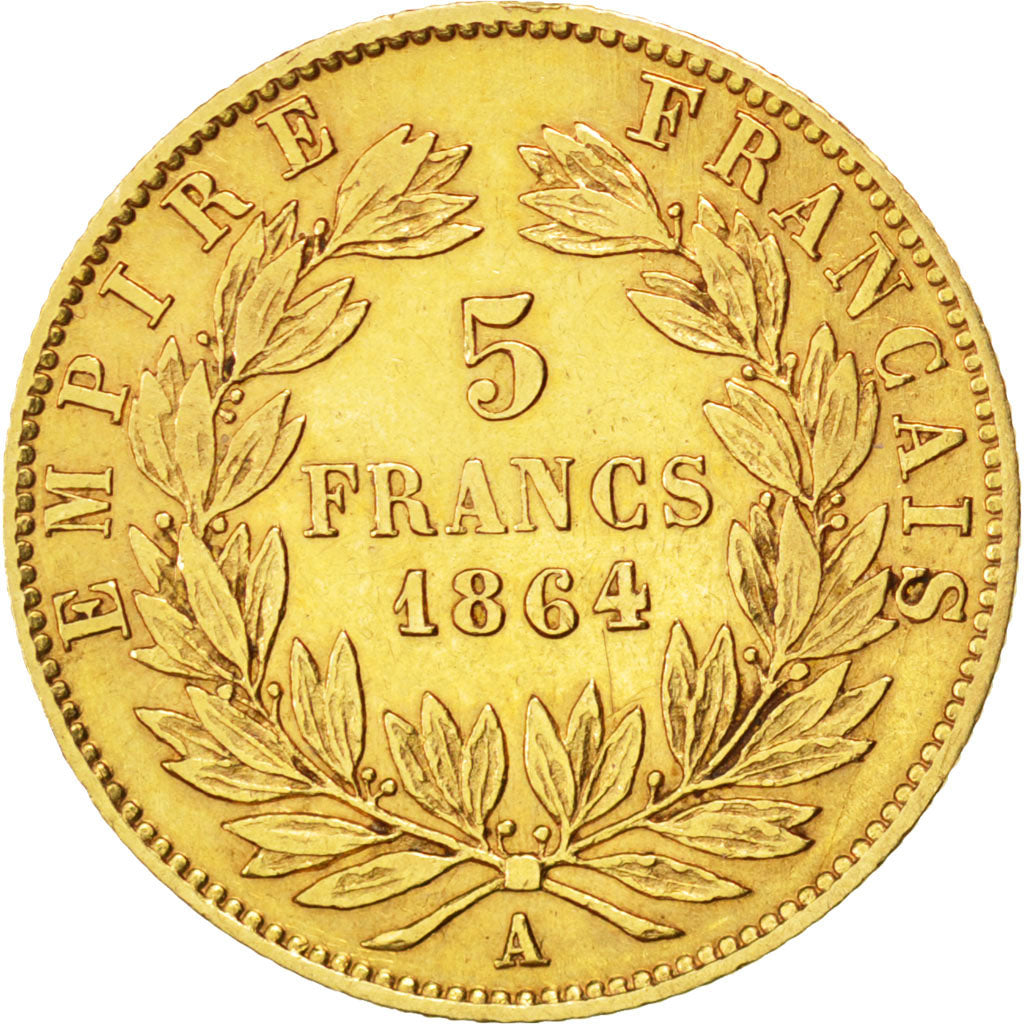 FRANCE, Napoléon III, 5 Francs, 1864, Paris, KM #803.1, VF(30-35), Gold, Gadoury