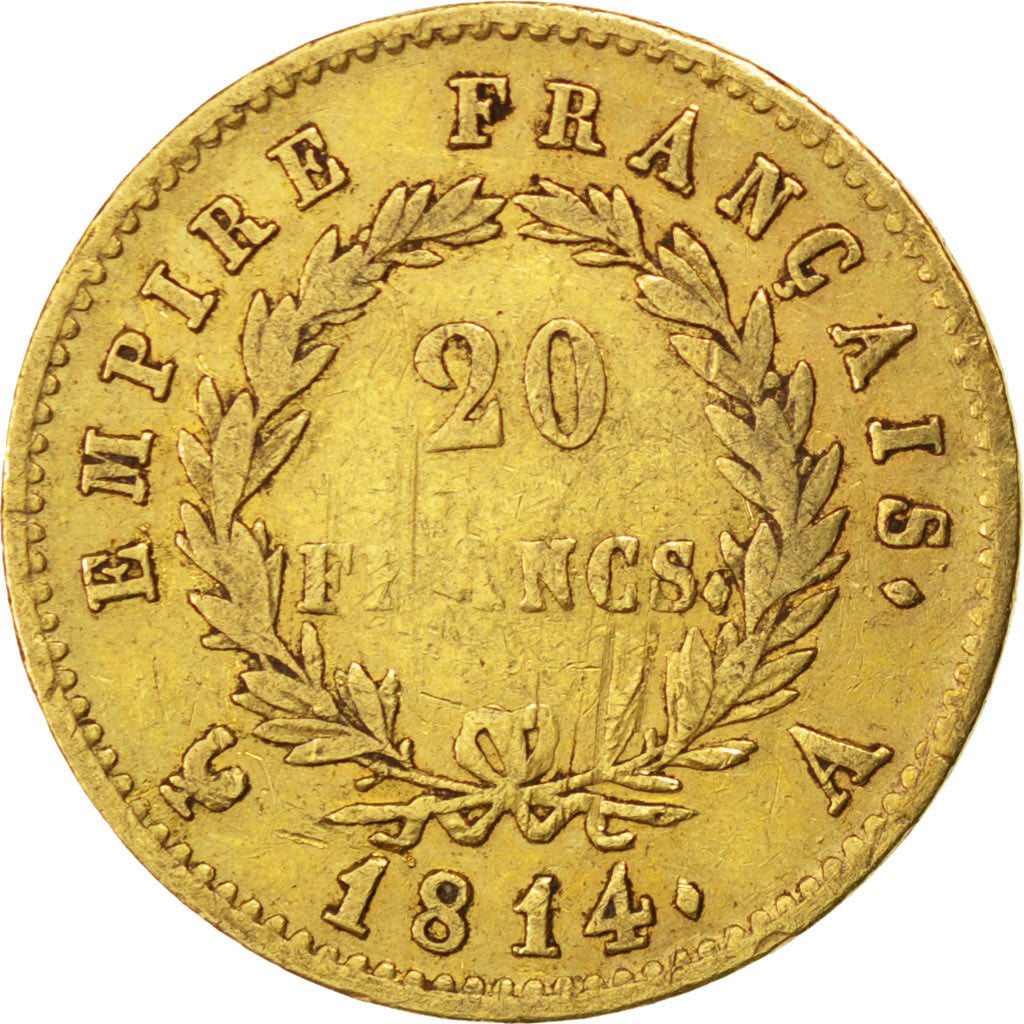 FRANCE, Napoléon I, 20 Francs, 1814, Paris, KM #695.1, VF(30-35), Gold, Gadoury 