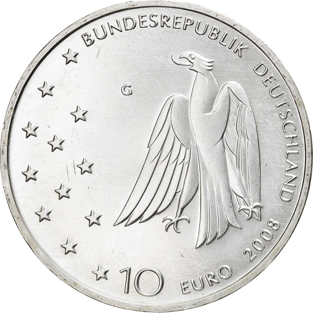 GERMANY - FEDERAL REPUBLIC, 10 Euro, 2008, Karlsruhe, MS(63), Silver, KM:271