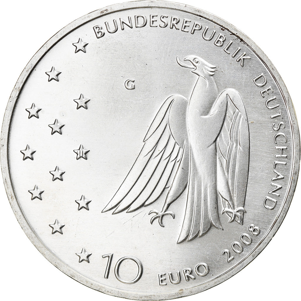 GERMANY - FEDERAL REPUBLIC, 10 Euro, 2008, Karlsruhe, MS(60-62), Silver, KM:271