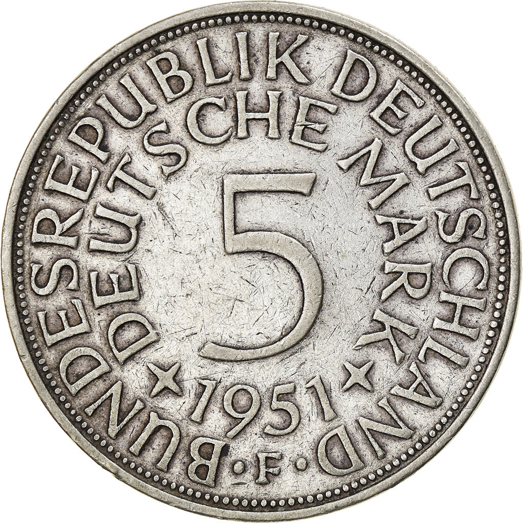Coin, GERMANY - FEDERAL REPUBLIC, 5 Mark, 1951, Stuttgart, EF(40-45), Silver
