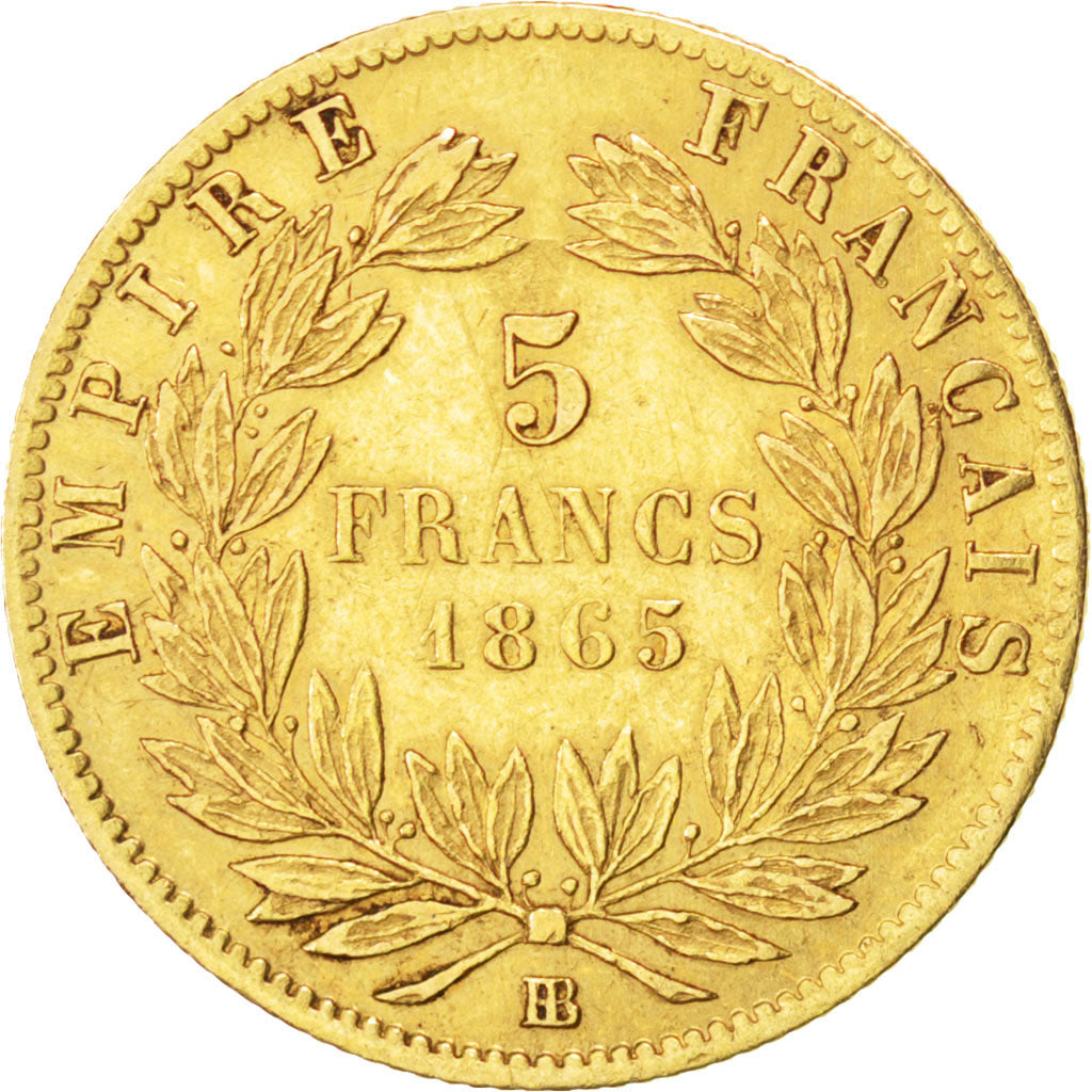 Second Empire, 5 Francs or Napoléon III tête laurée 1865 BB, KM 803.2