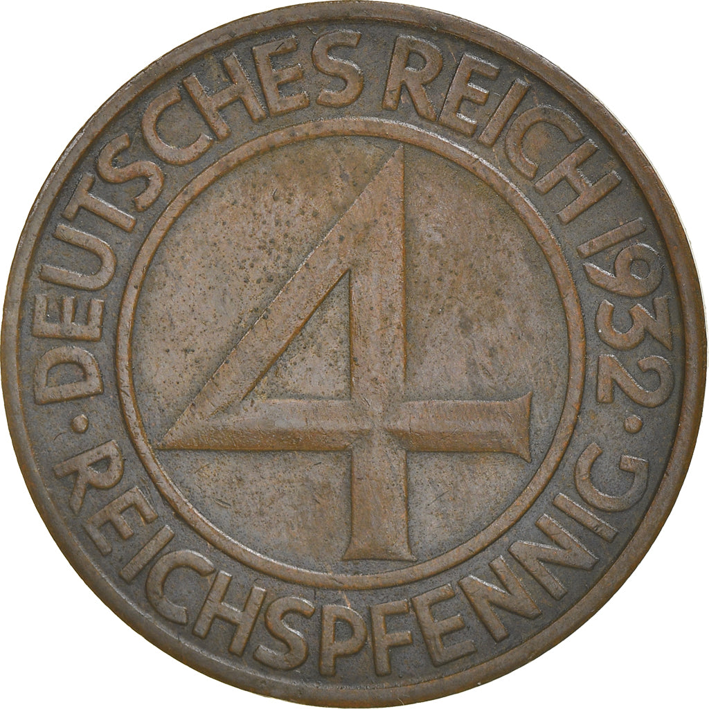Coin, GERMANY, WEIMAR REPUBLIC, 4 Reichspfennig, 1932, Stuttgart, EF(40-45)