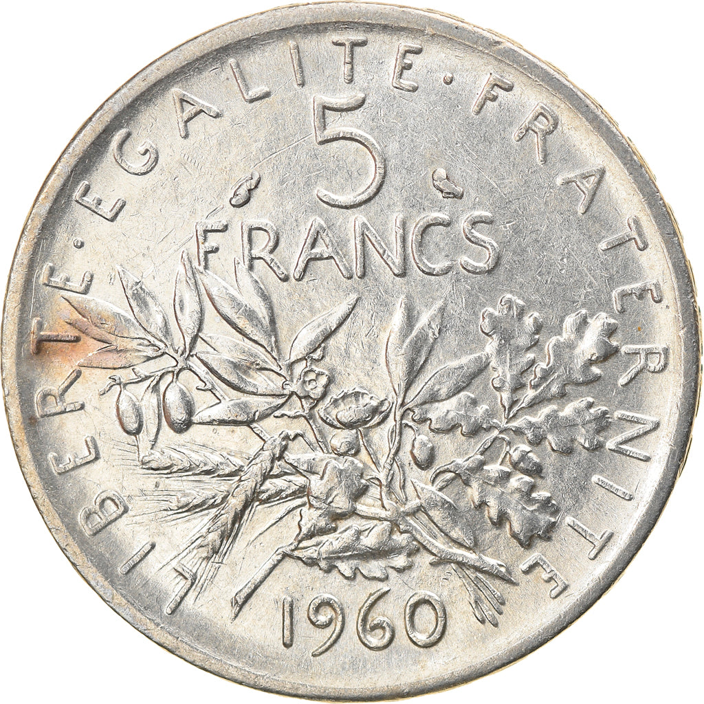 Moneda, Francia, Semeuse, 5 Francs, 1960, MBC+, Plata, KM:926, Gadoury:770