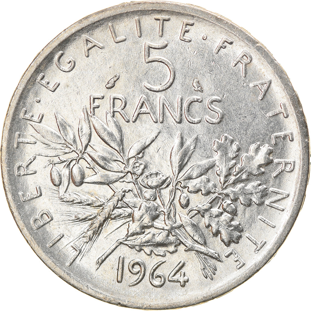 Moneda, Francia, Semeuse, 5 Francs, 1964, Paris, MBC+, Plata, KM:926