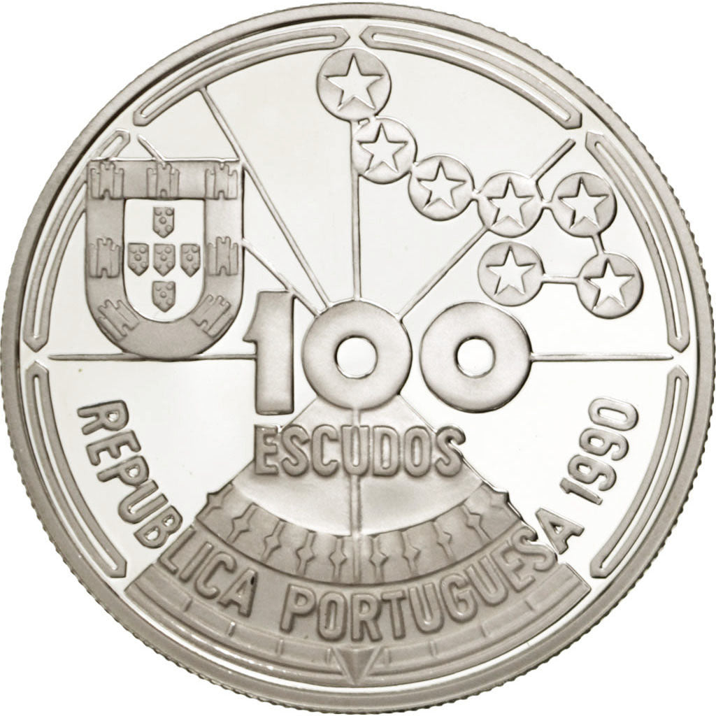 PORTUGAL, 100 Escudos, 1990, KM #649a, MS(64), Silver, 34, 20.92