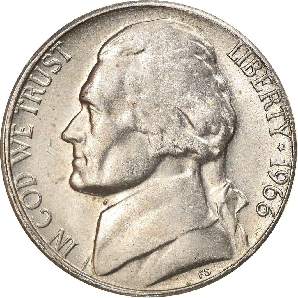Coin, United States, Jefferson Nickel, 5 Cents, 1966, U.S. Mint, Philadelphia