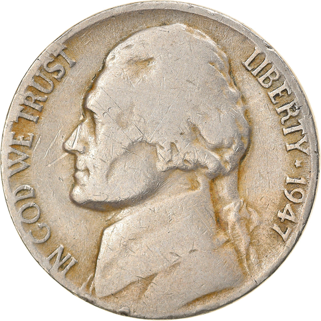 Coin, United States, Jefferson Nickel, 5 Cents, 1947, U.S. Mint, Denver