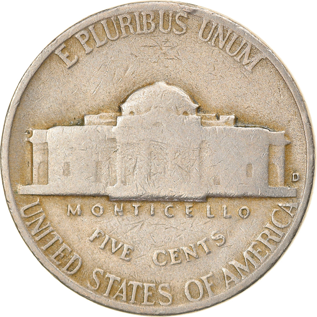 Coin, United States, Jefferson Nickel, 5 Cents, 1947, U.S. Mint, Denver